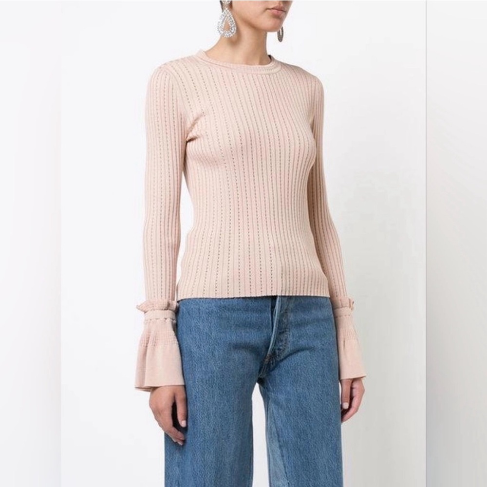 Jonathan Simkhai Perforated Ribbed Long Sleeve Crew Neck Knit Sweater | Size: XS - Picture 1 of 11